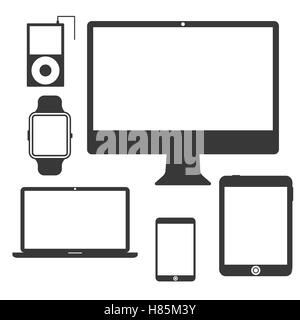 Satz von Silhouette Geräte. Display, PC, Tablet, Handy, Armbanduhr, Smartphone, tragbaren Musik-Player. Flaches Design. Isoliert auf weißem Hintergrund. Abbildung Stockfoto