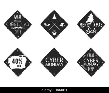Eingestellt von Weihnachten, Cyber Montag Verkauf Tinte, Aquarell Banner, Etiketten, Baum-Abzeichen, Flecken mit einem shopping-Tag, Winter. Neujahrs-Rabatt-Coupons, Karte. Handgezeichnete Hipster-Design. Vektor-Illustration. Stock Vektor