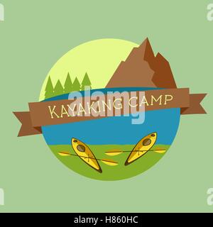 Kajak-camp-Logo. Expedition-Etiketten und Aufkleber. Ungewöhnliches Design. Sommer-outdoor-Abenteuer. Bunt. Vektor Stock Vektor
