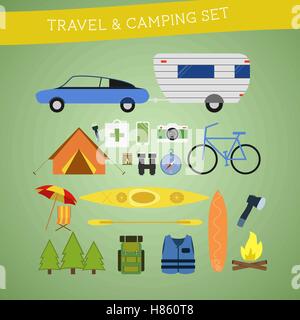 Helle Cartoon Reisen und camping Ausrüstung Symbol in Vektor gesetzt. Erholung, Urlaub und Sport Symbole. Flaches Design. Vektor-illustration Stock Vektor