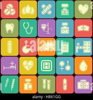 Set von flach medizinische Icons isoliert auf mehrfarbigen Tasten. Ungewöhnliche Silhouette Design. Vektor-illustration Stock Vektor