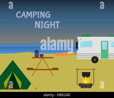 Vintage camping Nacht Konzept. Retro-Wohnwagen, Wohnmobil, rv am Strand, Sommer-Urlaub und Ferien. Flaches Design. Vektor-illustration Stock Vektor