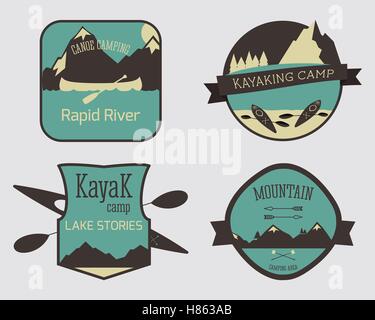 Satz von Kajak-Campingplatz-Logo-Vorlagen. Outdoor-Aktivität Reisen Logo Vintage Etiketten entwerfen. Kanu Retro Abzeichen set Logo Konzept Stilikonen. Vektor-illustration Stock Vektor