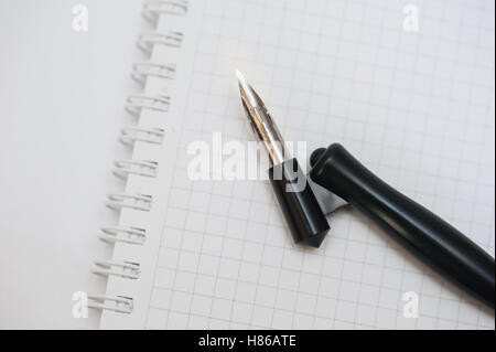 Notizblock und einen Stift für Kalligraphie auf dem Tisch Stockfoto