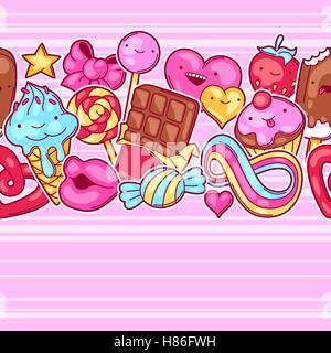 Nahtlose Kawaii Muster mit Süßigkeiten und Bonbons. Verrückte süßen Sachen im Cartoon-Stil Stock Vektor