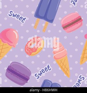Nahtlose Muster mit Makronen Plätzchen, Ice Cram und Eis am Stiel auf Tupfen Hintergrund. Vektor-Illustration. Stock Vektor