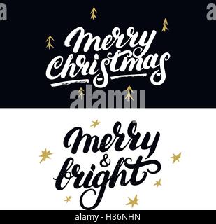 Satz von Frohe Weihnachten und frohe und Bright handgeschriebenen Schriftzug mit hand gezeichneten Elemente. Moderne Bürste Kalligraphie für greeti Stock Vektor