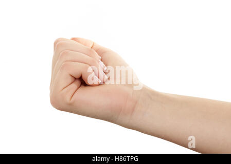 Frau Hand mit geballten Faust isoliert auf weißem Hintergrund Stockfoto