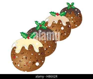 eine Darstellung der vier festliche Weihnachten Pudding mit Holly Dekoration auf einem verschneiten weißen Hintergrund Stockfoto
