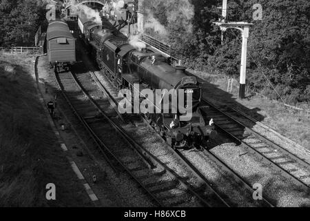 Schwarz 5 45428 (als 45344) und B1 61264 in Goathland auf der North Yorkshire Moors Railway.Welsh Dampf-Gala. Stockfoto