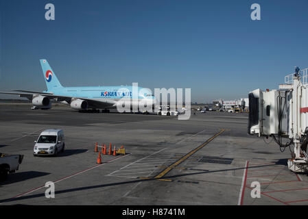 Passagierjet A380 am Flughafen JFK New York USA Koreanisch Jet nähert sich den Stand mit einem Ruck in Anwesenheit Stockfoto