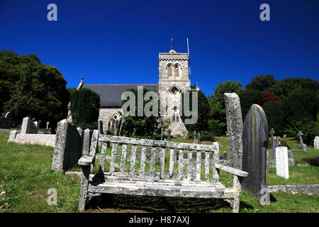 Eine Flechte verkrustete Bank in der Nähe von der Kirche St Johannes der Täufer am Leusdon, in der Nähe von Ponsworthy, Dartmoor.   Es wurde 1863 gebaut. Stockfoto