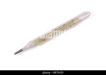 Medizinische Quecksilber-Thermometer isoliert auf weißem Hintergrund mit weichen Schatten. Clipping-Pfad Stockfoto