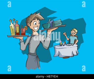 Vektor-Illustration tragen Kellner Getränke und Gerichte, während ein Mann für die Rechnung mit einem blauen Hintergrund fragt Stock Vektor