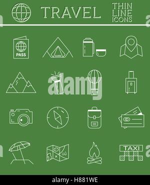 Skizzierten Urlaub und Reisen-Icon Set Sammlung. Thin Line-Design. Camping und Reisen Symbole und Elemente. Sommer-Thema Stock Vektor