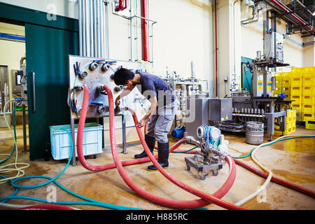 Mann arbeitet in einer Brauerei, Anschlussschläuche mit einem Metall-Bier-Tank. Stockfoto