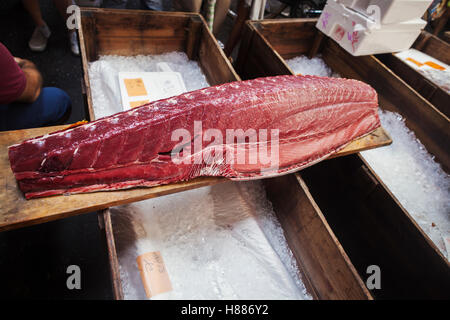 Eine traditionelle Fischmarkt in Tokio. Eine große Filet vom Thunfisch auf einem Holzbrett. Fang des traditionellen Küche Tageswahl Stockfoto