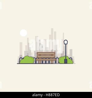 Vektor-Illustration der Park auf einem Hintergrund der Stadt. Bank, Straßenlaterne im Cartoon-Stil Stock Vektor