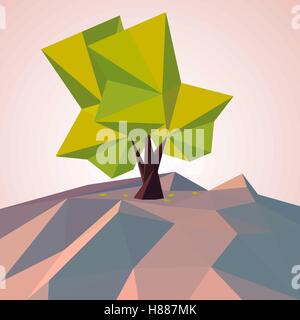 Polygonale Baum. Einsamer Baum auf dem Berg. Polygonale Herbstlandschaft. Low-Poly-Stil, Design. Abstraktes Vektor Illustration Stock Vektor