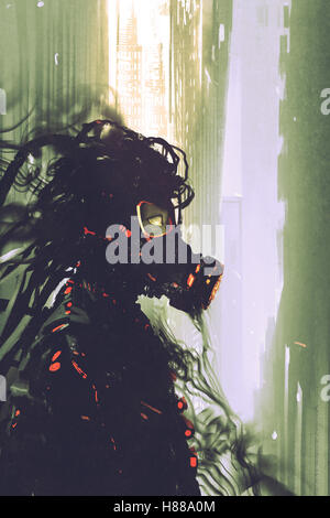 Sci-Fi-Konzept des Mannes mit einer futuristischen Gasmaske, Illustration, Malerei Stockfoto