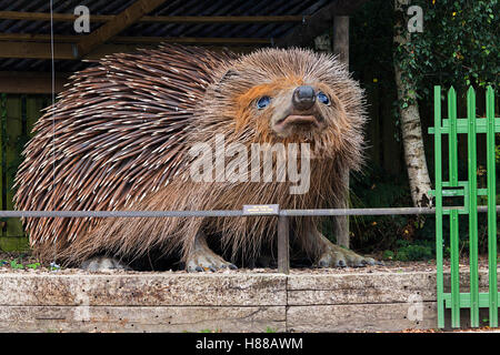 Riesige Nachbildung Igel (Erinaceus Europaeus) am Eingang zum British Wildlife Center in Surrey UK. Lebensechte detailliertes Modell mit Stacheln alle riesige Größe. Stockfoto