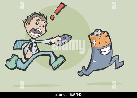 Vektor-Illustration eines besorgt Mannes jagt eine glückliche Batterie sein Handy aufladen Stock Vektor