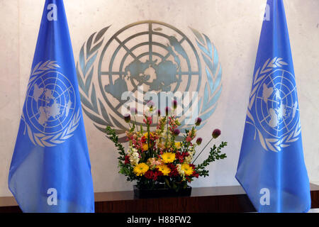 Flagge der Vereinten Nationen im Büro des UN-Hauptquartier in New York Stockfoto