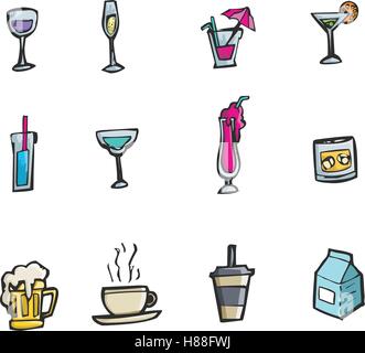 Bunte handgezeichnete Cartoon Stil Alkohol Drinks und Cocktails Icon-set Stock Vektor