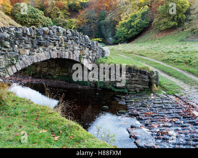 Fußgängerbrücke über den Fluss Skell in sieben Brücken Tal am Studley Royal Ripon Yorkshire England Stockfoto