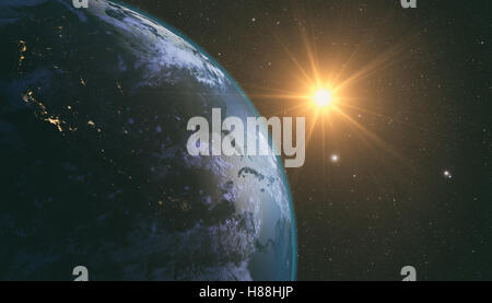 Planetenerde mit einem spektakulären Sonnenaufgang mit Milkyway im Hintergrund. 3D Render. Stockfoto