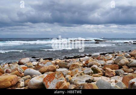 Südafrika, nach Süden fahren: Panoramablick auf den felsigen Strand am Kap der Guten Hoffnung, felsigen Landzunge an der Atlantischen Küste von Kap Halbinsel Stockfoto