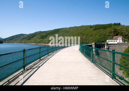 Damm und Flut von der Fuerwiggetalsperre-Stausee, Naturpark Ebbegebirge Naturschutzgebiet, Region Sauerland Stockfoto