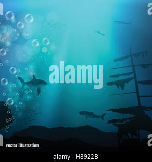 Schönen Korallenriff und Silhouetten der Taucher und Schule der Fische in ein blaues Meer Stock Vektor