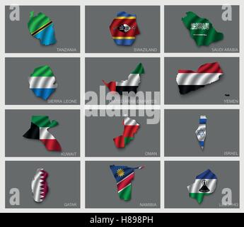 Abbildungen der Welt mit Flaggen und Hauptstädte Stock Vektor