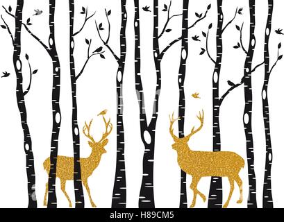 Weihnachtskarte mit goldenen Rentier im Birkenwald Bäume auf weißem Hintergrund, Vektor-illustration Stock Vektor