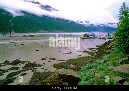 Ebbe und schwimmende Häuser im Portland Kanal in der Nähe von Stewart (in der Nähe der Grenze zu Alaska), British Columbia, Kanada Stockfoto