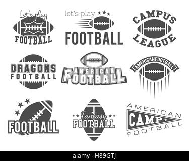 College Rugby und american Football team Abzeichen, Logos, Beschriftungen, Insignien im retro-Stil. Vintage Grafikdesign für T-shirt, web. Monochrome Druck isoliert auf einem weißen Hintergrund. Vektor. Stock Vektor