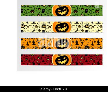 Vier Halloween Banner mit. Orange, grün, rot und helles Design. Kann die Verwendung im Web, print. Als Einladung, Flyer, Karte, Halloween Poster etc.. Schönes Design für die Feier. Vektor. Stock Vektor
