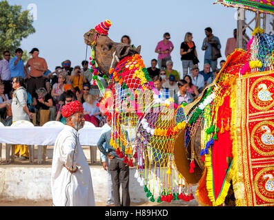 Kamel und seine unbekannten Besitzer kümmert sich beim traditionellen Kamel Dekoration Wettbewerb Kamel Mela in Pushkar, Rajasthan, Indien Stockfoto