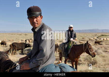 Kasachische Cowboys Reiten hüten Vieh und Schafe auf Ebenen Zhongar Alatau Gebirge Kasachstan Stockfoto