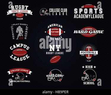 Satz von American Football, College-Etiketten, Logos, Abzeichen, Insignien, Symbole im Vintage-Stil. Grafik-Design für T-shirt, web. Farbe-Embleme auf dunkle gepunktete Halbton Hintergrund isoliert. Vektor. Stock Vektor