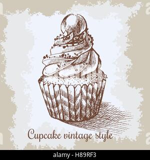 Vektor-Vintage-Hintergrund. Handgezeichnete süßen Cupcake c mit Blase. Einsetzbar für Grußkarte, Postkarte oder Erwachsenen Färbung boo Stock Vektor