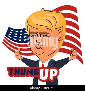 9. November 2016: Charakterporträt Donald Trump Daumen Rede zeigt Daumen oben mit amerikanischen Flagge. Positive Karikatur Politiker Stock Vektor