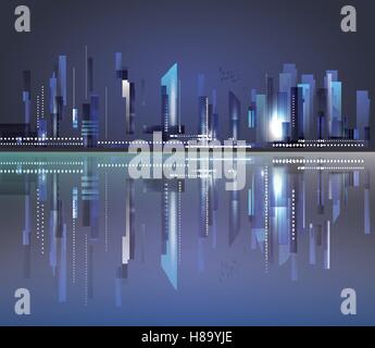 Hafen und Stadt in der Nacht mit Spiegelung im Wasser Stock Vektor