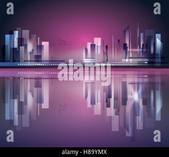 Hafen und Stadt in der Nacht mit Spiegelung im Wasser Stock Vektor