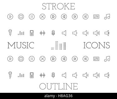 Musik Gliederung und Schlaganfall Symbole gesetzt, einfache dünne Line-Design. Isoliert auf weißem Hintergrund. Stockfoto