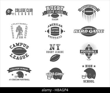 College Rugby und american Football team Abzeichen, Logos, Beschriftungen, Insignien im retro-Stil. Vintage Grafikdesign für Liga-Turniere, T-shirt, Websites. Sport auf weißem Hintergrund gedruckt. Stockfoto