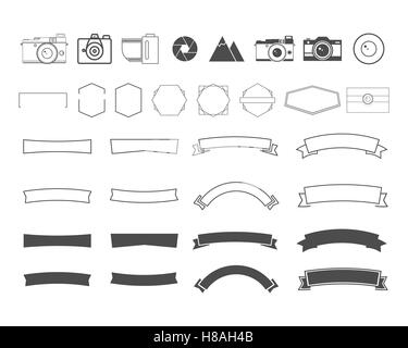 Fotografie-Vintage und Retro-Symbole, Bänder, Frames, Elemente. Machen Sie Ihre eigenen Symbole, Abzeichen, Etiketten-Satz. Kamera-Logo-Vorlagen. Stockfoto