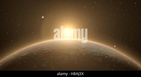 Planeten Merkur mit Sonnenaufgang auf dem Platz Hintergrund, 3d Rendern. Stockfoto