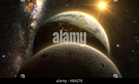 Eine Computer-Grafik-Rendering von Mond und Erde bei Sonnenuntergang Stockfoto